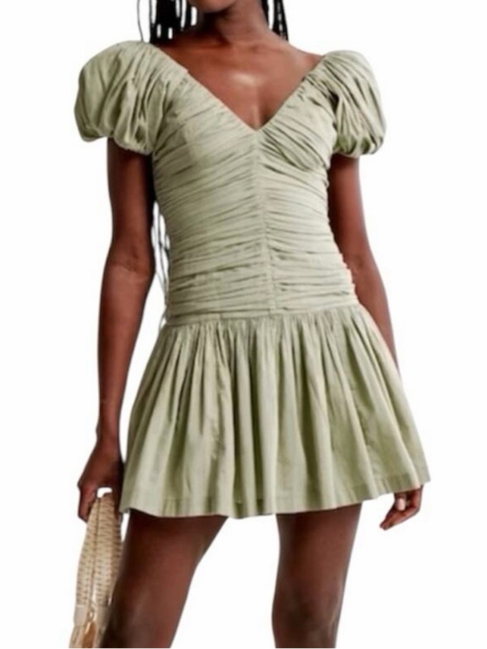 NWT Abercrombie & Fitch Sage Green Ruched V-Neck Puff Sleeve Mini Dress